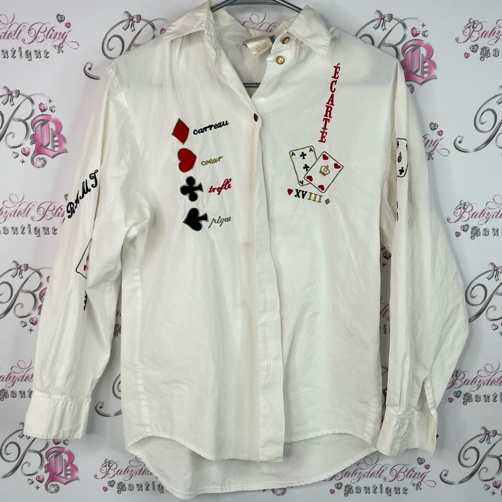 Como studio button up casino 🎰 cards White Shirt with Red and Black Accents